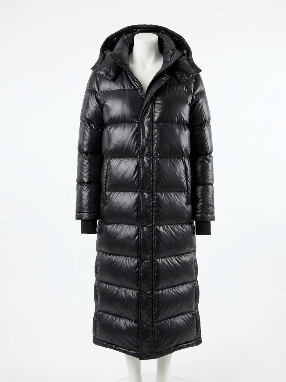 Super Puff TNA Aritzia Long Hi Gloss Black Puffer Coat with Hood